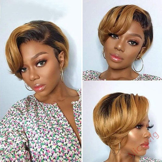 Black Mixed Gold Short Wig Bob Straight Hair