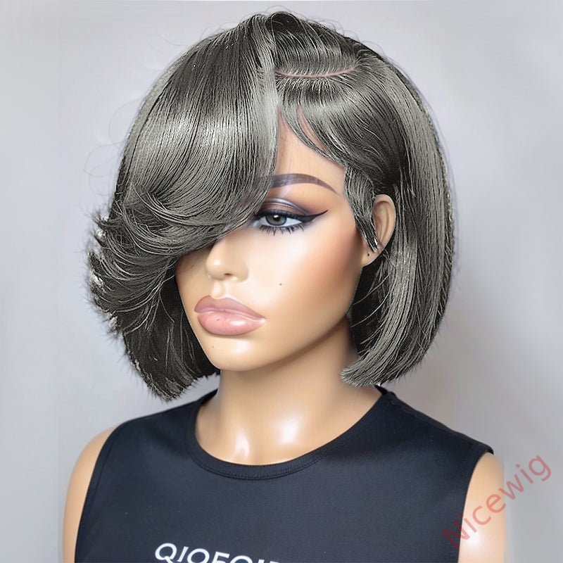 Salt and Pepper Grey Glueless Wavy Bob Hair Wig