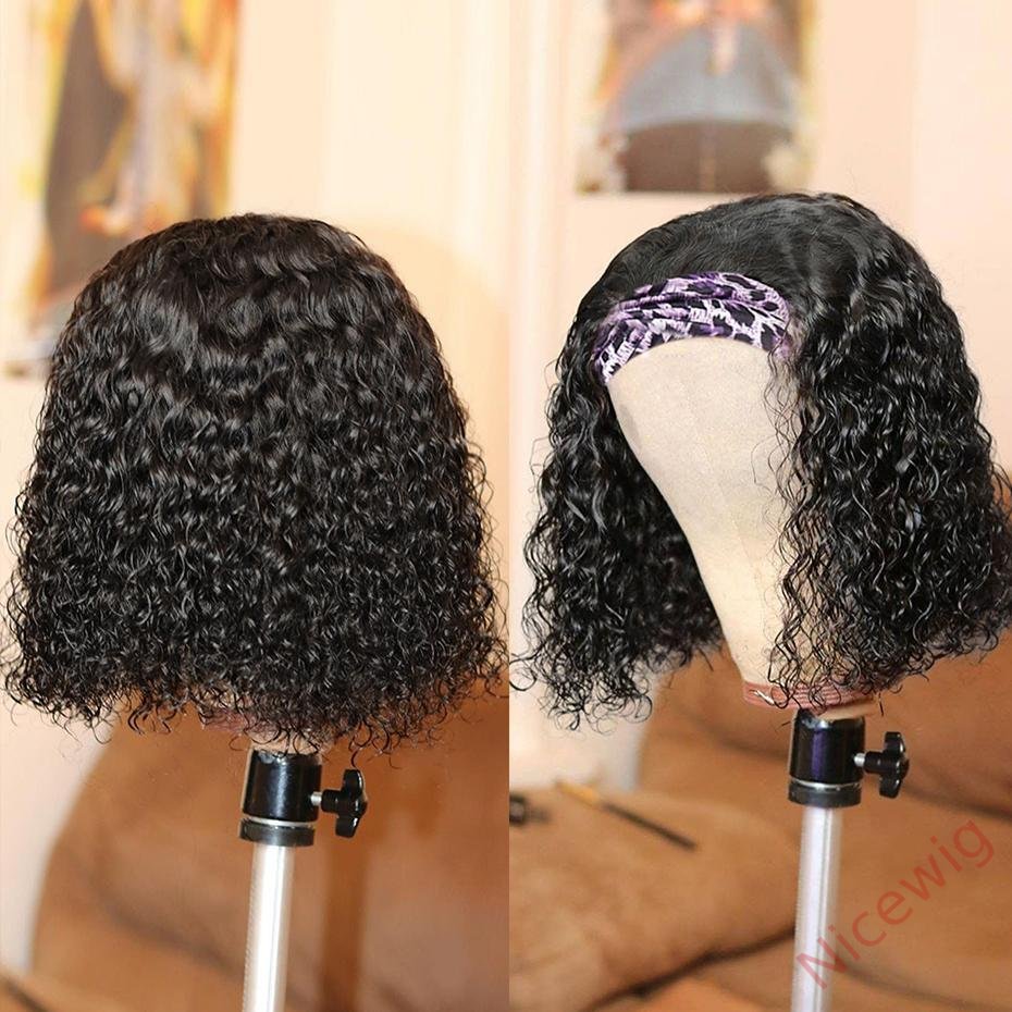 Natural Black Curly Headband Bob Wig