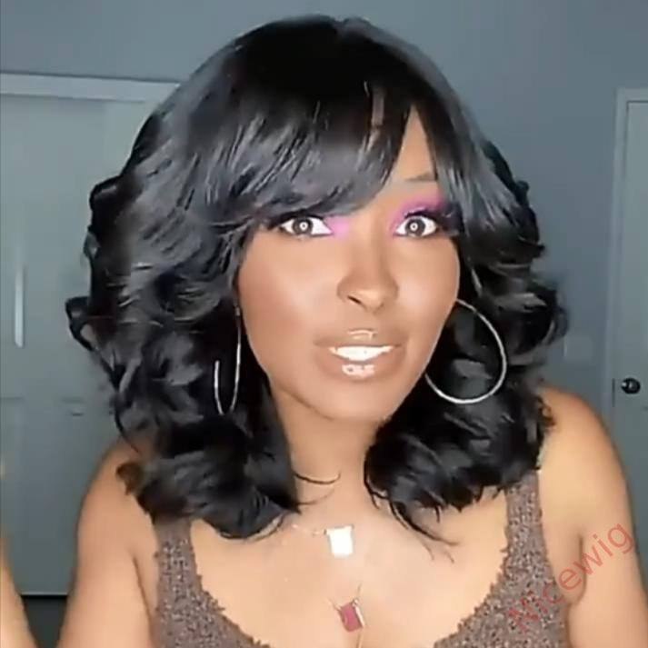 Natural Black Medium Hair Bob Body Wave Wig With Bangs