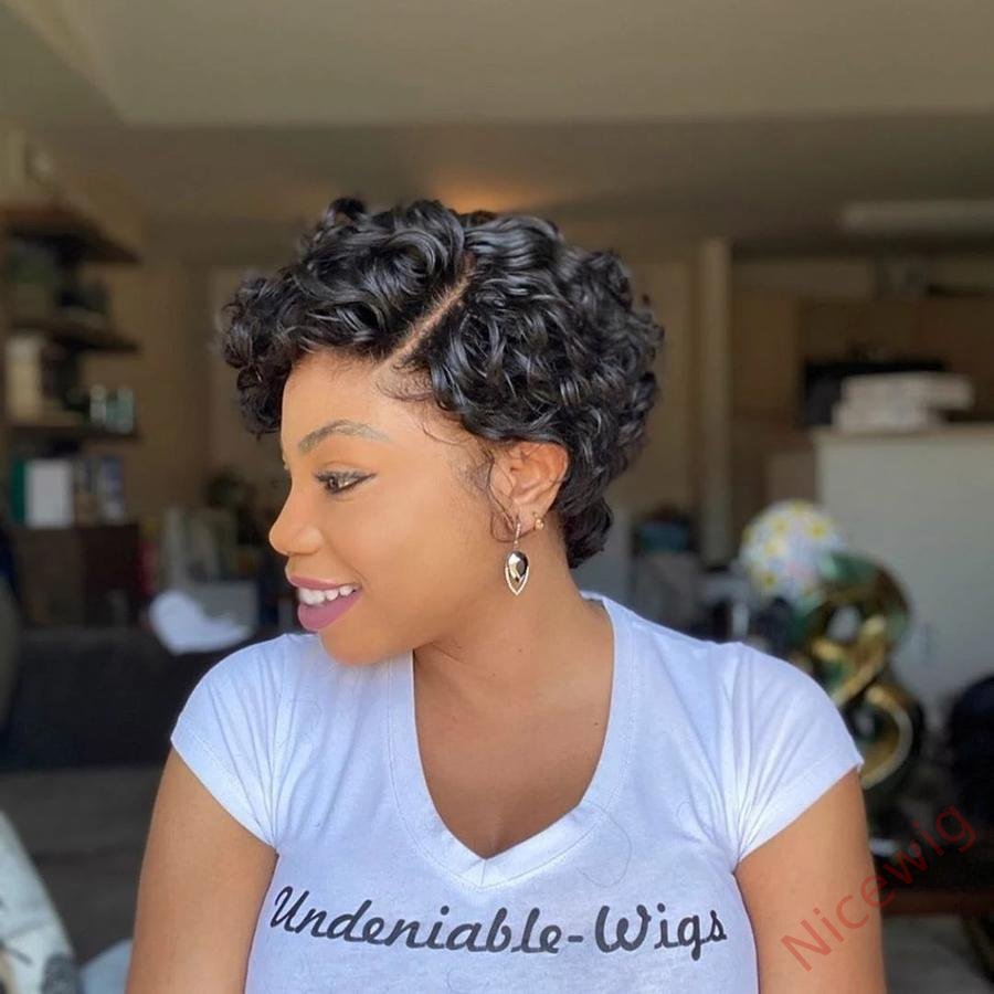 Natural Black Short Wig Side Parting Bob Curly Hair