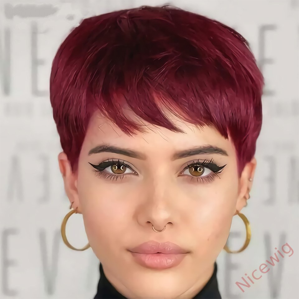 Glueless Wine Red Short pixie cut Wig 4 Inch Bob Straight Hair