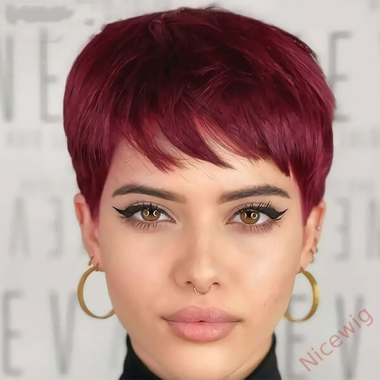 Glueless Wine Red Short pixie cut Wig 4 Inch Bob Straight Hair