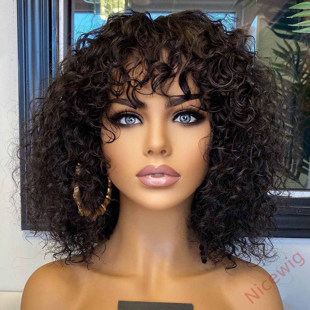 Black Brazilian Remy Curly Hair Bob Wig With Bangs Glueless Wigs