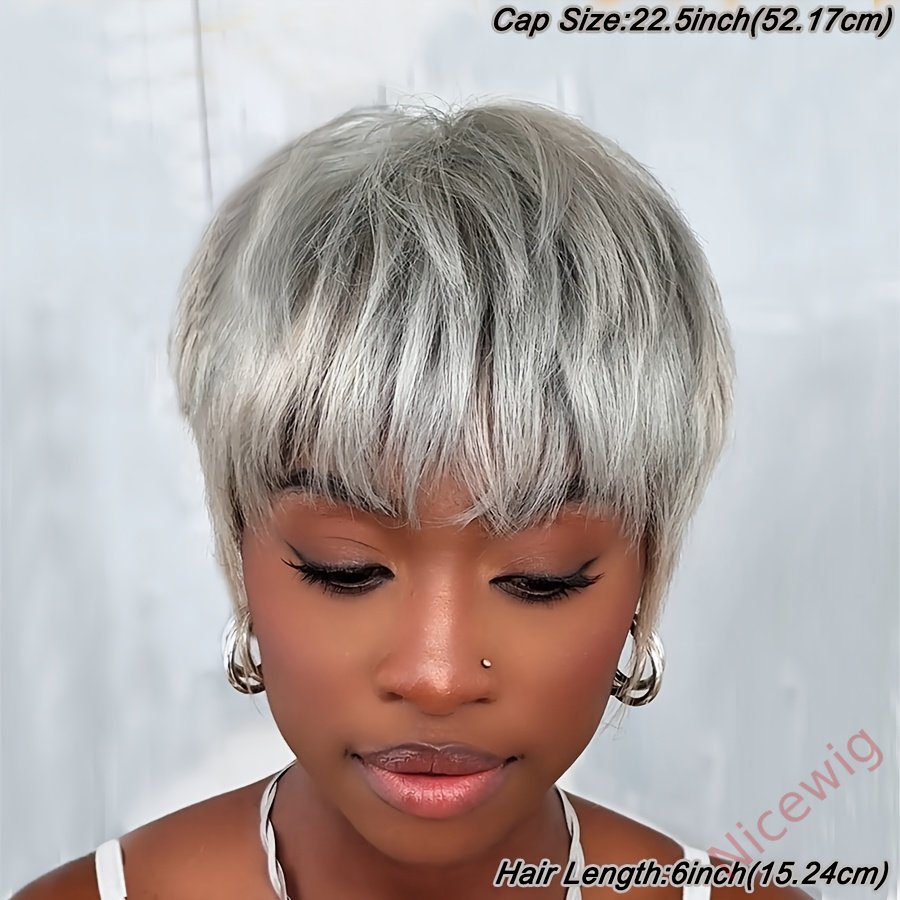 6 Inch Short Straight Pixie Cut Wig Silvery Grey 150% Density Brazilian Remy Hair
