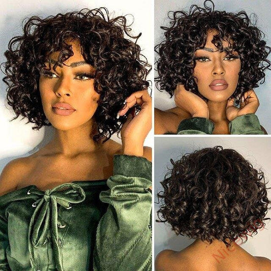 Black Brazilian Remy Curly Hair Bob Wig With Bangs Glueless Wig