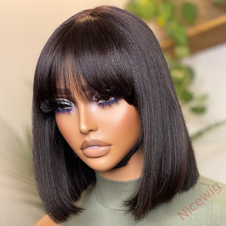 New Glueless Short Bob Wig With Bangs Straight Brazilian Hair Wigs