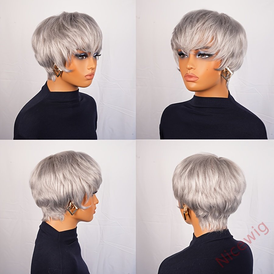6 Inch Short Straight Pixie Cut Wig Silvery Grey 150% Density Brazilian Remy Hair