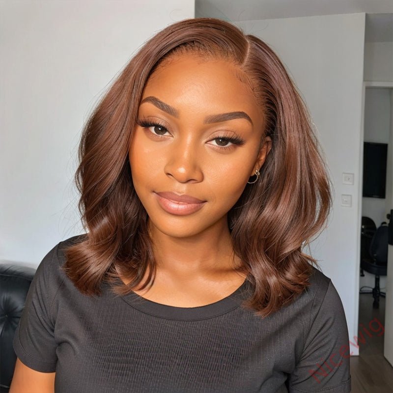 Glueless Short Bob Hair Dark Brown Wavy Wig