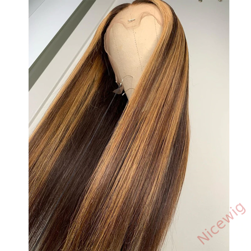 Brown Mixed Gold Highlight Straight Wigs