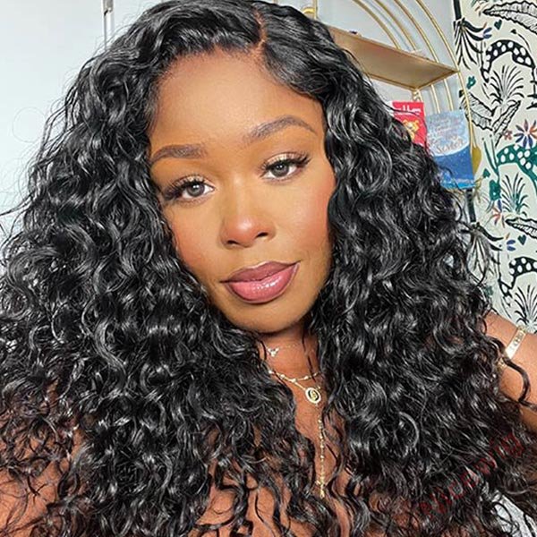 Glueless Brazilian Natural Black Water Wave Long Curly Wig