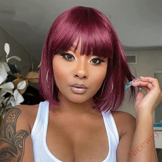 Glueless Wine Red Straight Hair Short BOB Wigs With Bangs