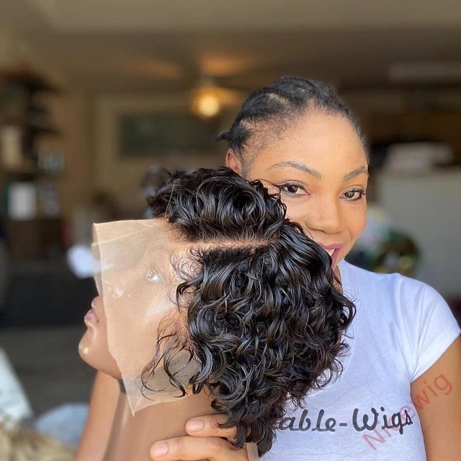 Natural Black Short Wig Side Parting Bob Curly Hair