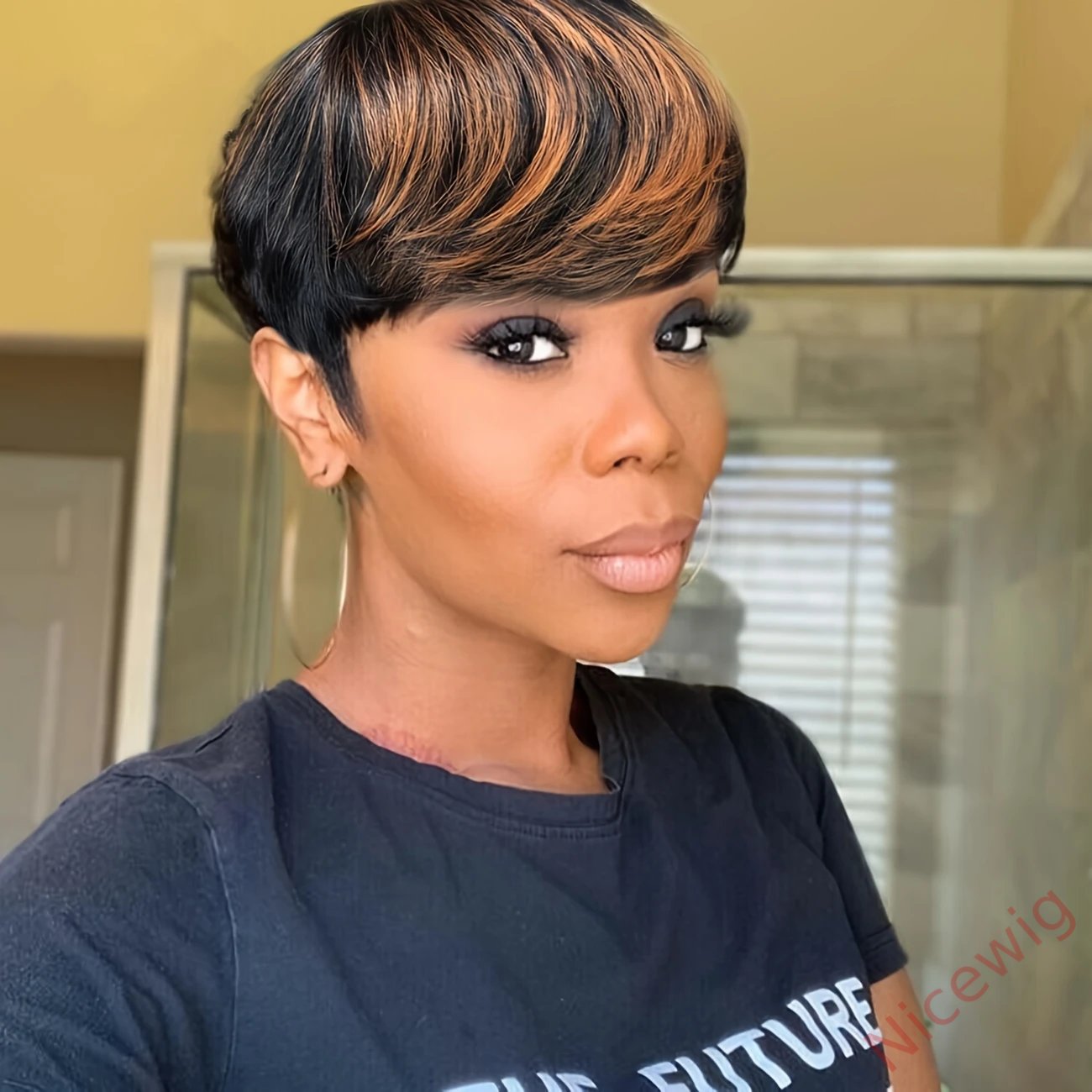 Glueless Black Gold Straight Hair Short Pixe Cut Wig