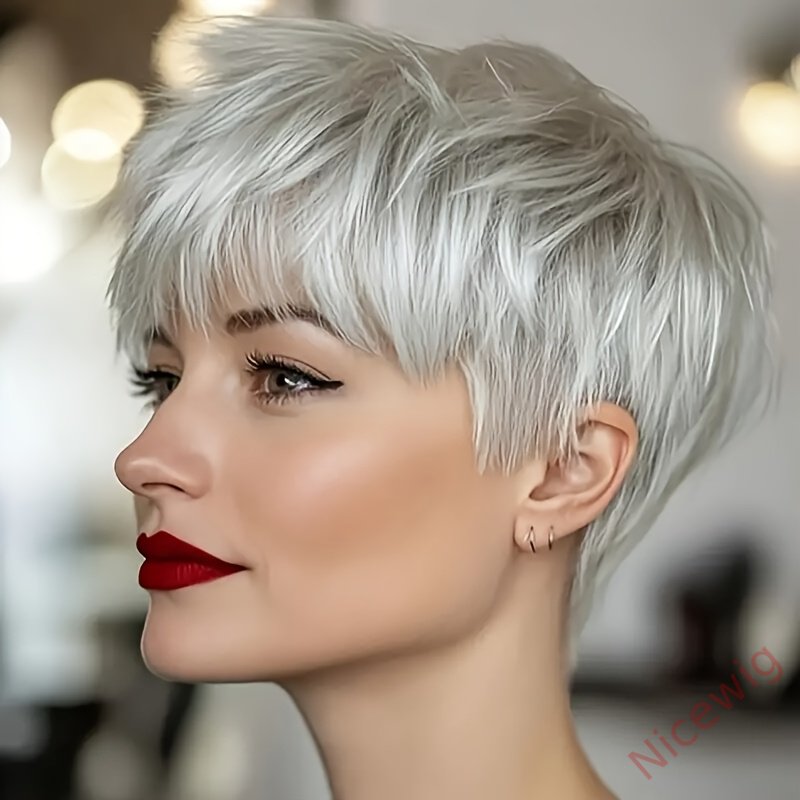 6 Inch Short Straight Pixie Cut Wig Silvery Grey 150% Density Brazilian Remy Hair