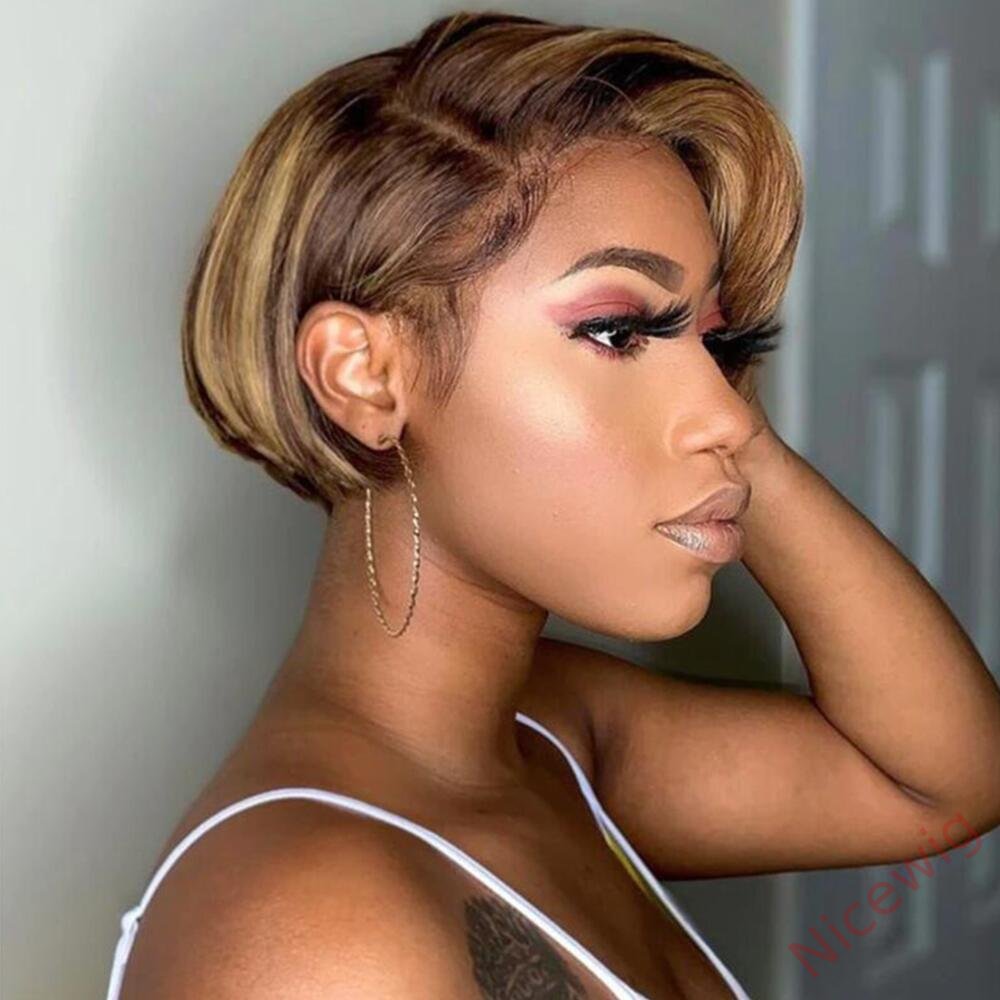 Glueless Short Wig Brown Mixed Gold Bob Straight Pixie Cut Hair