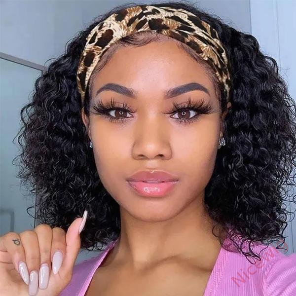 Natural Black Curly Headband Short Bob Wig