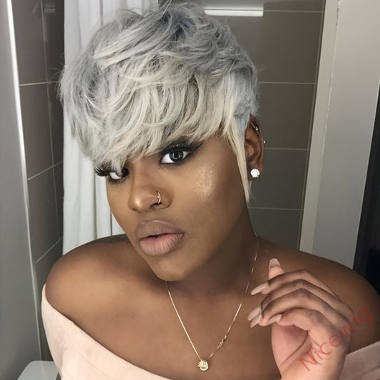 6 Inch Short Straight Pixie Cut Wig Silvery Grey 150% Density Brazilian Remy Hair