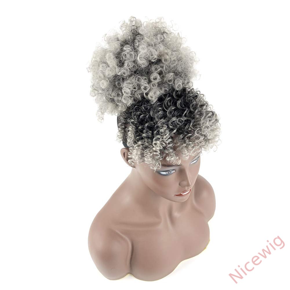 Gray Afro Puff Drawstring Ponytail with Bangs Wigs