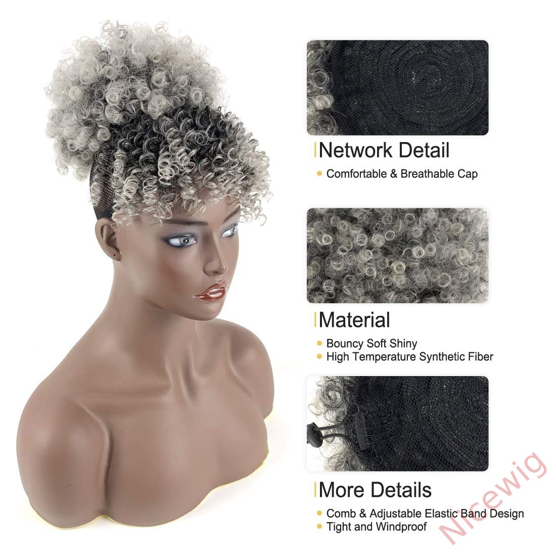 Gray Afro Puff Drawstring Ponytail with Bangs Wigs