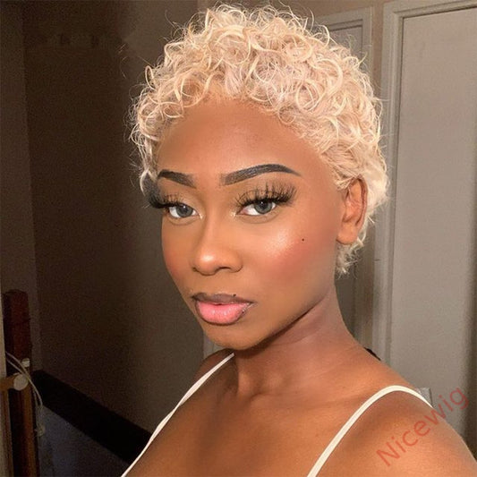 Glueless Blonde Afro Short Cut Curly Hair Wig