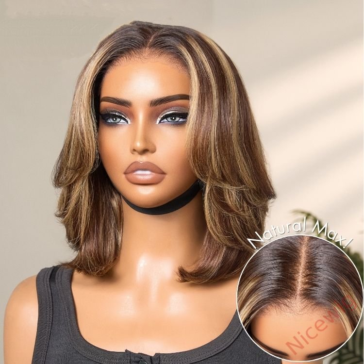 New Glueless Short Bob Hair Brown mixed Blonde Wavy Wig