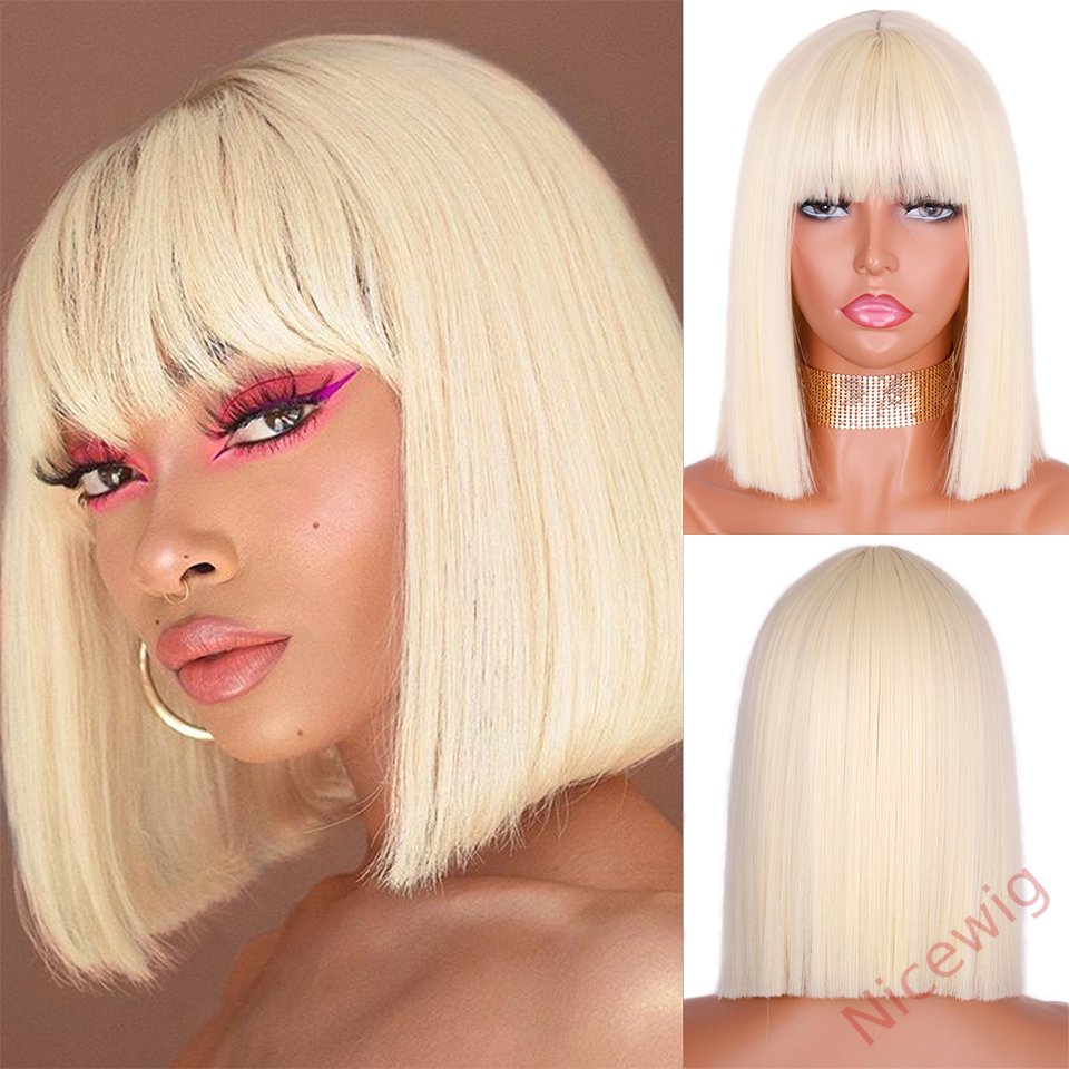 Glueless Brown  Straight Wig Bob Wig With Bangs