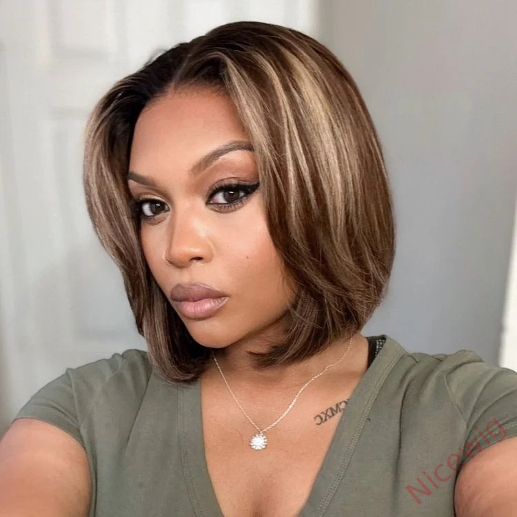 New Glueless Short Bob Hair Brown mixed Blonde Wavy Wig