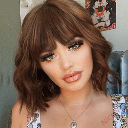 Brown Medium Hiar Bob Body Wave Wig With Bangs