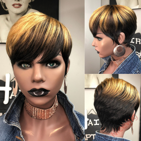 Black Gold Short Straight Bob Pixie Cut Hair Wig