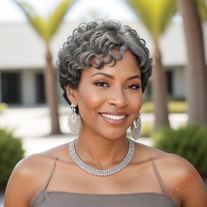 Salt & Pepper Edgy Pixie Cuts Glueless Wig