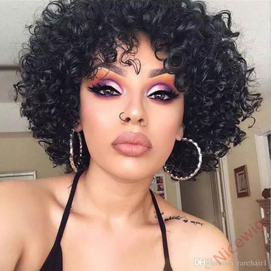 Short Bob Curly Hair Black Wave Wig With Bangs