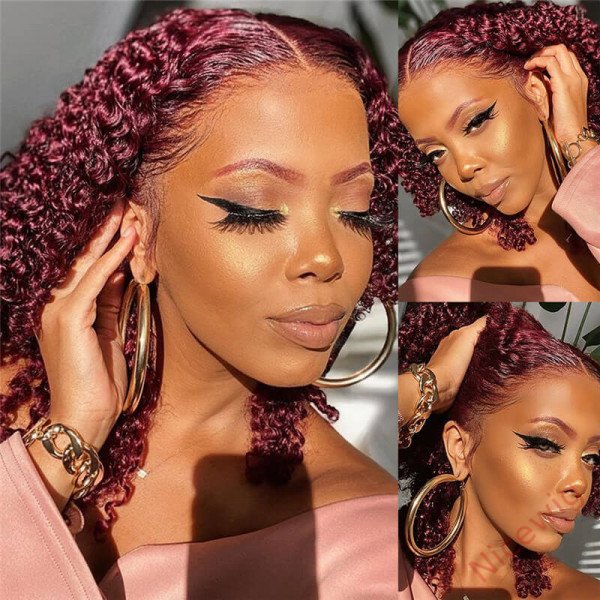 Wine Red Short Curly Lace Front Wigs With Baby Hair