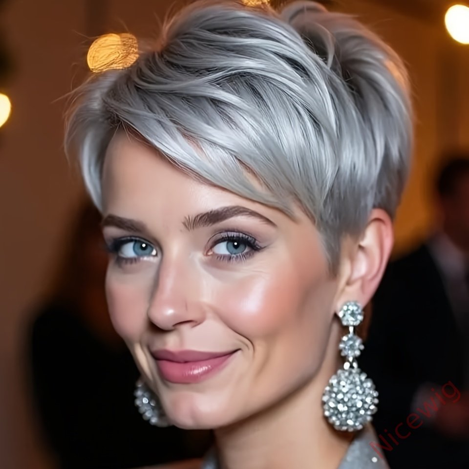 6 Inch Short Straight Pixie Cut Wig Silvery Grey 150% Density Brazilian Remy Hair