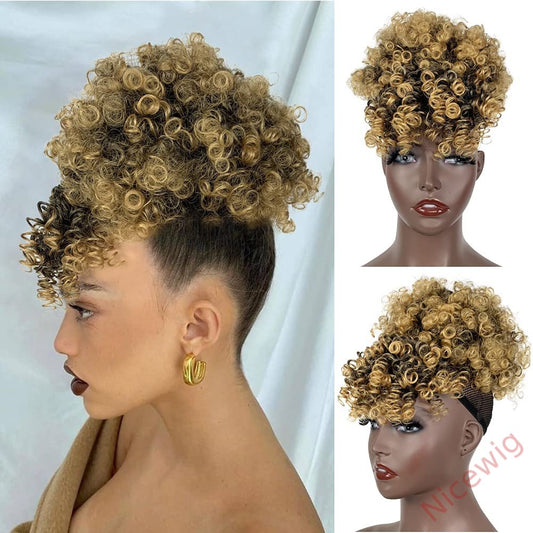 Gloden Blonde Afro Puff Drawstring Ponytail with Bangs Kinky Curly Hair Bun with Spring Curl Bangs Clip in Hairpieces