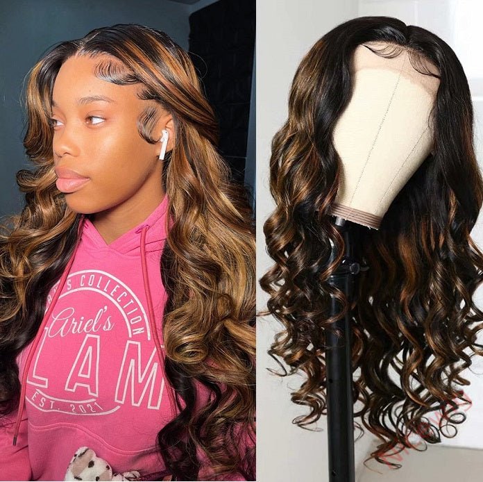 Glueless Brown Mixed Blonde Highlights Loose Wave Long Wig