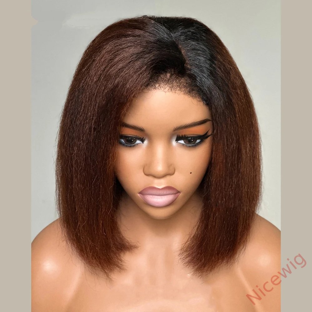 Glueless Lovely Black Gradient Light Brown Natrual Bob Styles Silky Yaki Hair Wig