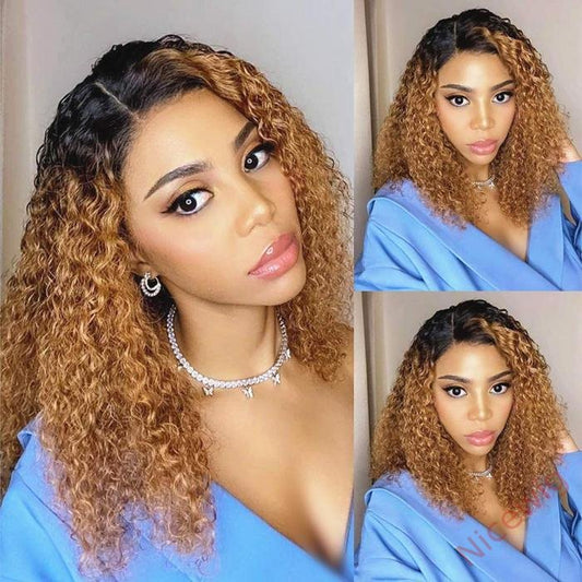 Black Gradient Light Brown Brazilian Water Wave Curly Wigs