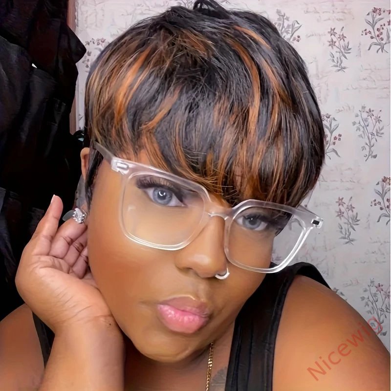 Glueless Black Gold Straight Hair Short Pixe Cut Wig