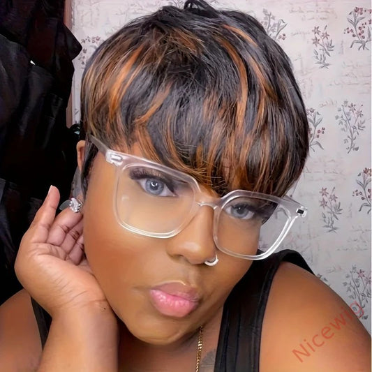Glueless Black Gold Straight Hair Short Pixe Cut Wig