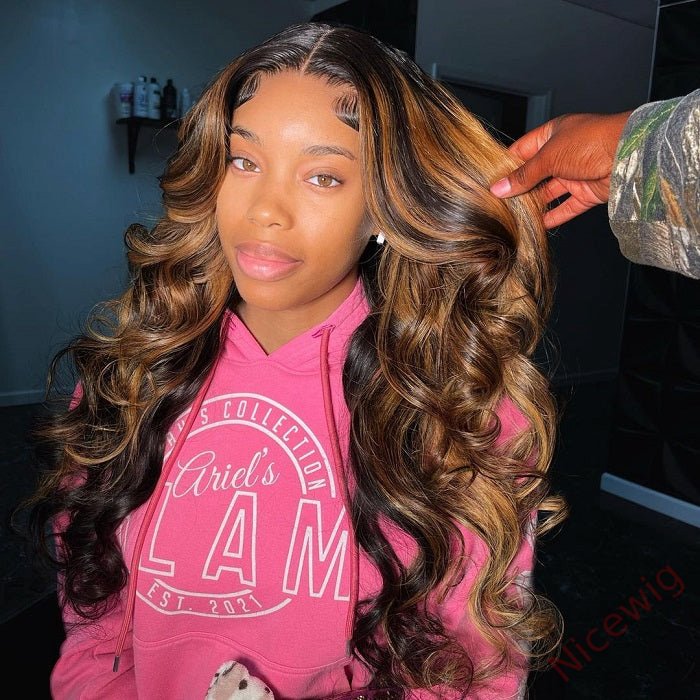 Glueless Brown Mixed Blonde Highlights Loose Wave Long Wig