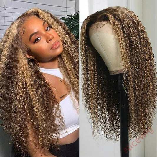 Hightlight Brown Mixed Blonde Brazilian Water Wave Long Hair Curly Wig