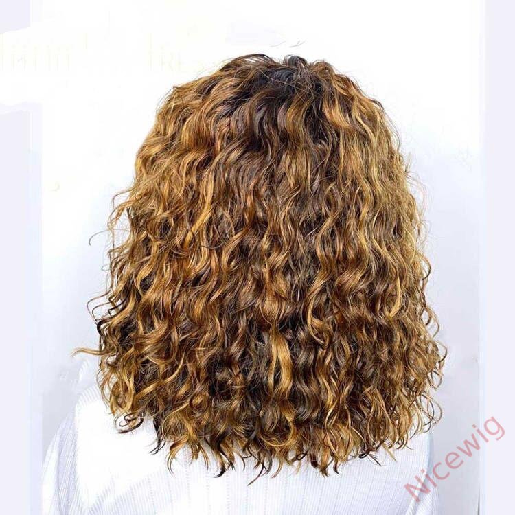 Light Brown/Black Color Brazilian Remy Curly Hair Wig With Bangs