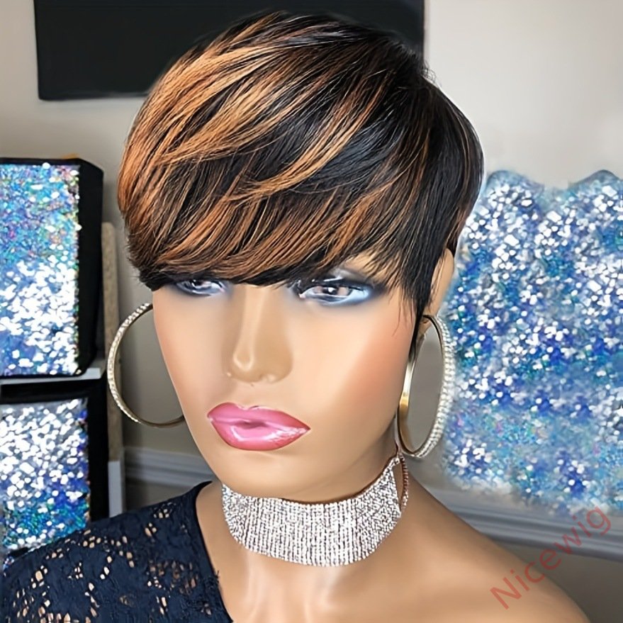 Glueless Black Gold Straight Hair Short Pixe Cut Wig