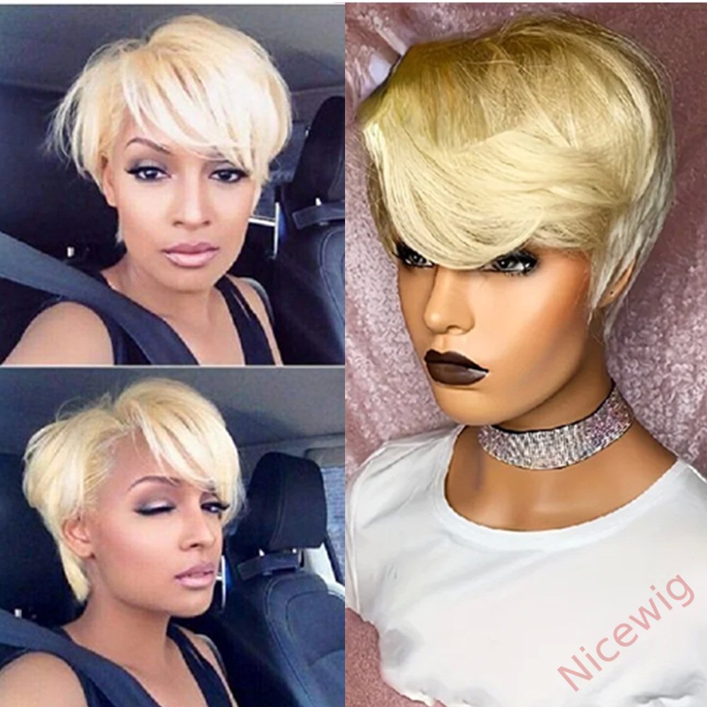 Glueless Short Wig Brown Mixed Gold Bob Straight Pixie Cut Hair