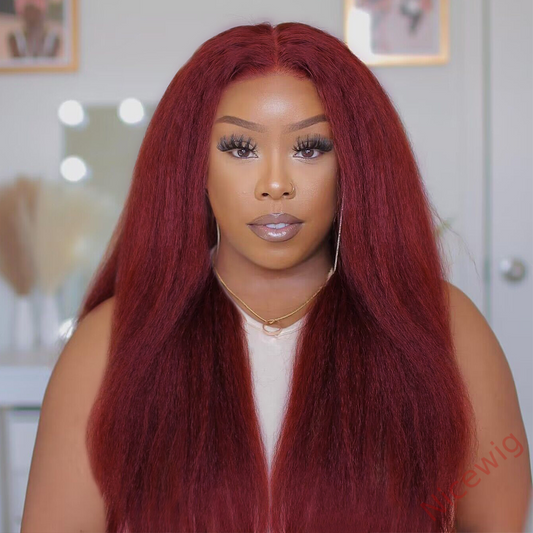 Glueless Wine Red Kinky straight 200% density brazilian Yaki Wig