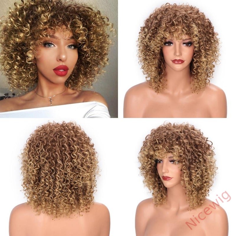 Blonde Curly Hair Wig With Bangs Glueless Wigs