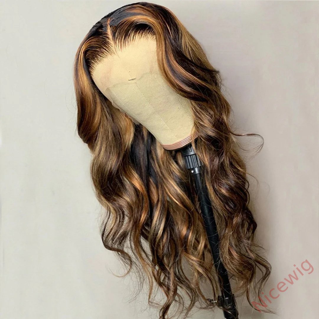 Glueless Brown Mixed Blonde Highlights Loose Wave Long Wig