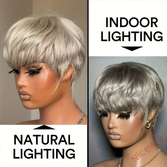 6 Inch Short Straight Pixie Cut Wig Silvery Grey 150% Density Brazilian Remy Hair