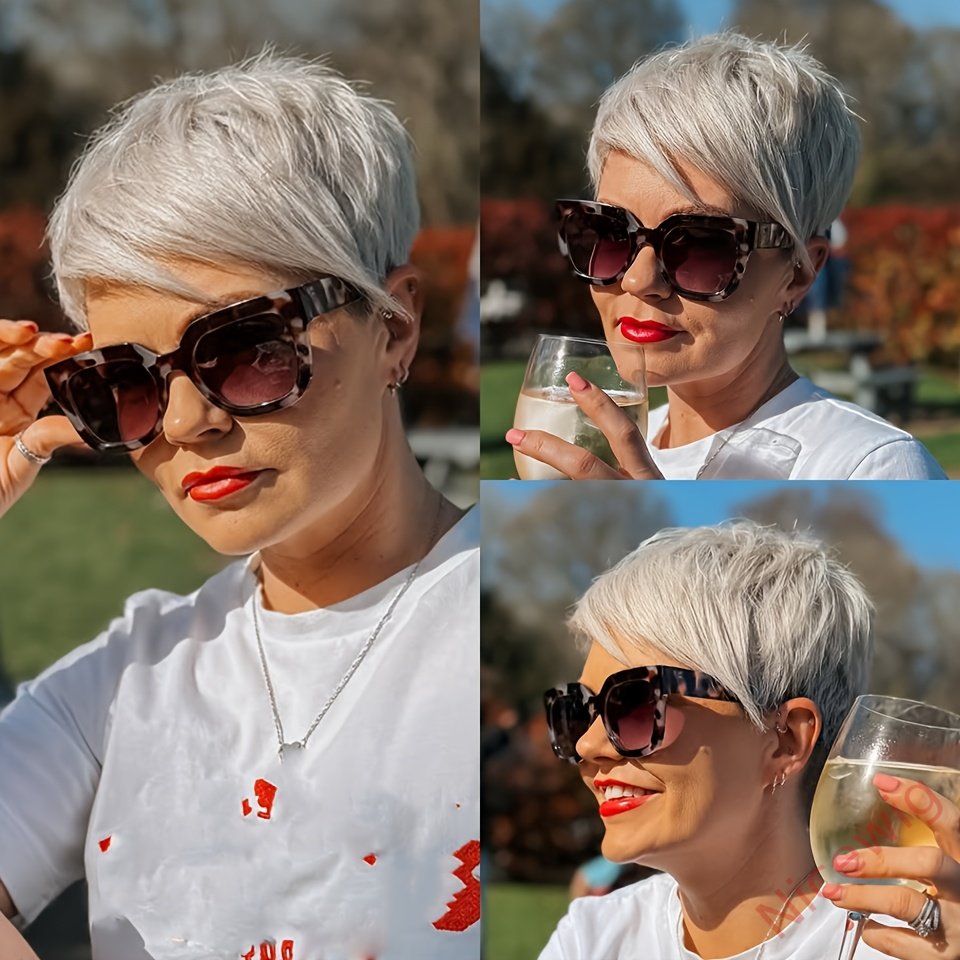 6 Inch Short Straight Pixie Cut Wig Silvery Grey 150% Density Brazilian Remy Hair